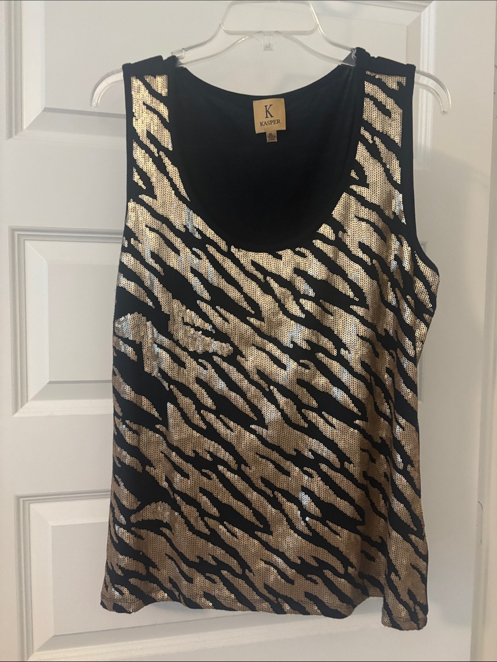 VTG Kasper Black & Gold Sequin Tiger Animal-Print Tank Top SZ XL Night Out shiny